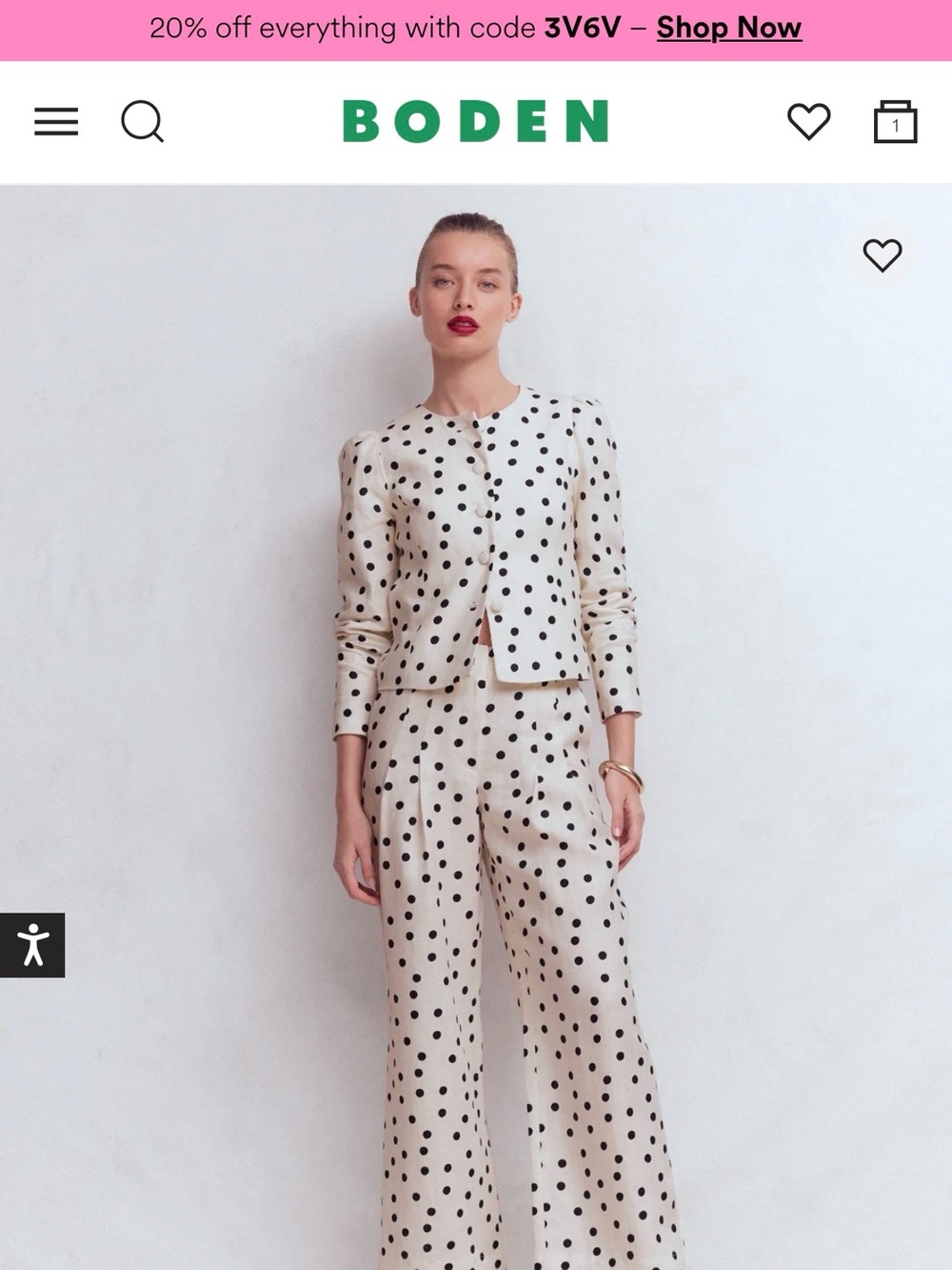 Boden Cream & Black Polka Dot Wide-Leg pants 16-18 regular